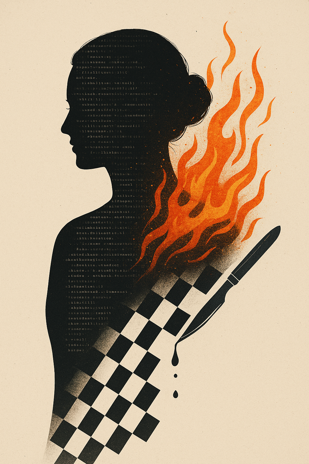 A woman's silhouette made of code, flames rising behind her, a chessboard and dripping scalpel crossing her form